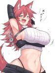  1girl :d animal_ear_fluff animal_ears arm_over_head arm_up armpits black_gloves black_legwear black_panties black_shorts blue_eyes blush breast_lift breasts commentary_request crop_top elbow_gloves fang firo_(shun_soku) gloves hair_between_eyes hand_on_hip heart highleg highleg_panties highres large_breasts long_hair micro_shorts midriff navel one_eye_closed open_mouth original panties red_hair ribbed_shirt shirt shorts shun_soku sideboob sleeveless sleeveless_shirt smile solo tail taut_clothes translation_request underwear wide_hips wolf_ears wolf_tail 