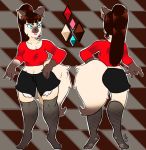  5_fingers anthro blue_eyes breasts brown_hair butt clothed clothing domestic_cat felid feline felis fingers front_view fully_clothed fur hair hand_on_hip hi_res kyaramerucocoa long_hair mammal medium_breasts navel ponytail rear_view siamese solo standing 
