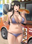  1girl bangs bare_shoulders bikini black_hair blush bracelet breasts brown_eyes cleavage commentary_request cup curvy drinking_straw eating flower food food_truck hair_between_eyes hair_flower hair_ornament halterneck highres holding holding_cup holding_food hot_dog jewelry large_breasts long_hair mole mole_on_body mole_under_mouth navel necklace open_mouth original outdoors plump polka_dot polka_dot_bikini ryokucha_michi saliva side-tie_bikini standing swimsuit 