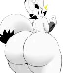  2019 absurd_res alien ambiguous_gender anthro arthurclaws big_butt black_eyes black_fur blush butt butt_focus cheek_tuft digital_media_(artwork) eyebrows fur hi_res huge_butt looking_back rear_view simple_background solo surprise thick_thighs tuft vertical_bar_eyes white_background white_fur wide_hips 