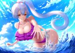  1girl absurdres bikini blue_sky breasts cleavage cloud cloudy_sky commentary_request fate/grand_order fate_(series) fujifuji924 hair_between_eyes hair_ribbon highres large_breasts leaning_forward long_hair looking_at_viewer navel ocean orange_eyes outstretched_hand ponytail purple_bikini red_ribbon ribbon side-tie_bikini silver_hair sky smile solo swimsuit tomoe_gozen_(fate/grand_order) very_long_hair 