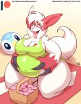  2019 anthro ball basket beach_ball belly big_belly breasts claws cleavage clothed clothing digital_media_(artwork) fangs female food looking_at_viewer nekocrispy nintendo open_mouth overweight overweight_female patreon pok&eacute;mon pok&eacute;mon_(species) red_sclera signature solo swimwear thick_thighs tongue tongue_out url video_games zangoose 