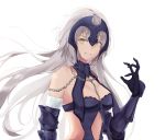  1girl absurdres ahoge armor bangs breasts chain cleavage eyebrows_visible_through_hair fate/apocrypha fate/grand_order fate_(series) floating_hair fur-trimmed_gloves fur_trim gauntlets gloves grin hand_up headpiece highres jeanne_d&#039;arc_(alter)_(fate) jeanne_d&#039;arc_(fate)_(all) jenmin12 long_hair looking_at_viewer medium_breasts short_hair silver_hair simple_background smile solo tsurime upper_body white_background yellow_eyes 