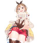  (tat) 1girl atelier_(series) atelier_ryza belt brown_eyes brown_gloves brown_hair brown_legwear commentary_request gloves hair_ornament hairclip hat highres looking_at_viewer open_mouth red_shorts reisalin_stout short_hair short_shorts shorts simple_background single_glove solo thighhighs thighs wavy_mouth white_background white_headwear white_legwear 