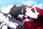  2019 absurd_res anthro black_fur claws detailed_background digital_media_(artwork) duo english_text eyes_closed female female/female french_kissing fur hair hand_holding hi_res kissing lips mammal outside red_fur ring romantic scar sergal signature sky smile text walter_sache watermark white_fur 