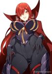  1girl bangs bodysuit breasts cape fate/grand_order fate_(series) gloves hair_over_one_eye highres large_breasts long_hair looking_at_viewer oda_nobunaga_(fate) oda_nobunaga_(maou_avenger)_(fate) oda_uri open_mouth parted_lips red_cape red_eyes red_hair smile solo very_long_hair zeroshiki_kouichi 