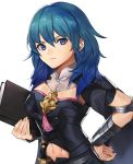  1girl armor blue_eyes blue_hair book breasts byleth byleth_(female) cape fire_emblem fire_emblem:_three_houses gloves hair_ornament highres kamu_(kamuuei) long_hair looking_at_viewer short_hair simple_background solo upper_body white_background 