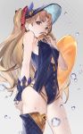  1girl bare_shoulders blonde_hair blue_legwear blue_swimsuit breasts brown_eyes bubble ereshkigal_(fate/grand_order) fate/grand_order fate_(series) highres innertube long_hair looking_at_viewer nuda one-piece_swimsuit parted_lips single_thighhigh solo swimsuit thighhighs two_side_up visor_cap 