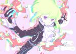  1boy belt biker_clothes black_gloves black_jacket blonde_hair chest congcongcon cravat earrings fire gloves green_hair half_gloves highres jacket jewelry lio_fotia looking_at_viewer mad_burnish male_focus promare purple_eyes solo 