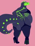  alligator alligatorid anthro anus balls black_skin clothed clothing crocodilian crossdressing cybertuna darkmor footwear green_anus hand_on_butt high_heels lingerie male markings marvol overweight overweight_male reptile scalie shoes signature simple_background solo 
