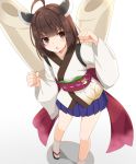  1girl :o brown_eyes brown_hair cannon clenched_hands commentary divergenceok fox full_body geta hand_up highres japanese_clothes kimono leaning_to_the_side looking_at_viewer obi obi_bow sash short_hair short_kimono short_yukata solo standing tabi touhoku_kiritan v-shaped_eyebrows voiceroid white_background white_legwear wide_sleeves yukata 