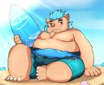  2019 anthro beach belly blush bulge gouryou hi_res humanoid_hands kusosensei male mammal moobs nipples overweight overweight_male seaside sitting solo suid suina surfboard sus_(pig) text tokyo_afterschool_summoners video_games water wetsuit wild_boar 