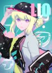  1boy androgynous bangs baseball_cap blonde_hair closed_mouth congcongcon face green_hair hair_between_eyes hat highres jacket lio_fotia long_hair looking_at_viewer male_focus off_shoulder ponytail promare purple_eyes upper_body 