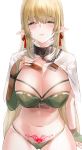  1girl belt blonde_hair bra breasts capelet chain cleavage closed_mouth collar collarbone commentary_request elf green_bra green_eyes green_panties half-closed_eyes hand_up highres kfr large_breasts long_hair looking_at_viewer navel original panties pointy_ears pubic_tattoo red_ribbon ribbon sidelocks simple_background solo stomach sweat tattoo thighs underwear very_long_hair white_background 