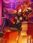  1girl armored_boots bangs black_bodysuit bodysuit boots breasts cape chain crossed_legs fate/grand_order fate_(series) gun hair_over_one_eye highres katana large_breasts long_hair looking_at_viewer oda_nobunaga_(fate) oda_nobunaga_(maou_avenger)_(fate) oda_uri okitakung open_mouth popped_collar red_cape red_eyes red_hair rifle sitting skull smile solo sword throne very_long_hair weapon 