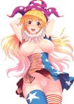  1girl :d absurdres american_flag_dress american_flag_legwear arms_up bangs blonde_hair blue_eyes breasts breasts_outside card clownpiece cowboy_shot dress eyebrows_visible_through_hair gradient_hair groin hat head_tilt highres joker large_breasts long_hair looking_at_viewer multicolored_hair open_mouth pasties pink_hair playing_card purple_eyes purple_headwear shiny shiny_skin sidelocks simple_background smile solo thighhighs touhou tro white_background 