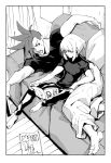  2boys arm_support baggy_pants barefoot bob_cut closed_mouth couch earrings galo_thymos highres jewelry lio_fotia long_hair lying magazine male_focus monochrome multiple_boys on_side open_mouth pants promare reading sitting spiked_hair ytairui 