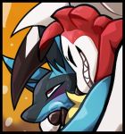  blitzdrachin blush bodily_fluids canid cropped duo eyes_closed finger_in_mouth half-closed_eyes lucario lycanroc mammal nintendo pok&eacute;mon pok&eacute;mon_(species) red_eyes saliva smile smirk sweat video_games 