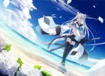  1girl animal_ears azur_lane bangs beach black_gloves black_legwear black_skirt blue_eyes blue_neckwear blue_sky closed_mouth cloud cloudy_sky day detached_sleeves dress expressionless eyebrows_visible_through_hair flower fox_ears fox_tail gloves grey_hair hair_between_eyes highres holding holding_sword holding_weapon kawakaze_(azur_lane) long_hair long_sleeves nagishiro_mito navel neckerchief pleated_skirt ribbon-trimmed_sleeves ribbon_trim skirt sky solo sword tail thighhighs very_long_hair weapon white_flower wide_sleeves 