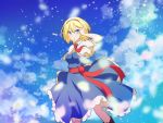  1girl alice_margatroid arm_up bangs black_footwear blonde_hair blue_dress blue_eyes blue_sky boots breasts capelet cato_(monocatienus) cleavage cloud commentary_request day dress eyebrows_visible_through_hair feet_out_of_frame hair_between_eyes hairband large_breasts looking_at_viewer outdoors parted_lips petals petticoat red_hairband red_neckwear red_sash sash short_hair sky solo touhou white_capelet 