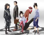  1girl 4boys absurdres adjusting_headwear biwamaru black_coat black_footwear black_hair black_pants black_suit blind bow brown_footwear brown_headwear contemporary daigo_kagemitsu dororo_(character) dororo_(tezuka) formal guitar hair_bow hair_over_one_eye hands_in_pockets hat highres hyakkimaru_(dororo) instrument medium_hair multiple_boys pants ponytail red_shirt sandals shirt shoes skateboard smile sneakers standing striped striped_shirt suit suitcase tahoumaru yellow_footwear 