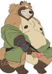  2019 anthro balls belly big_balls bluewhale127 brown_fur canid canine clothing fur gyobu hi_res humanoid_hands humanoid_penis male mammal moobs nipples overweight overweight_male penis raccoon_dog robe scar simple_background solo tanuki teeth tokyo_afterschool_summoners undressing video_games white_background 