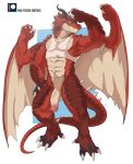  2019 4_arms abs abstract_background anthro balls biceps black_scales bottomless claws clothed clothing dragon flexing front_view hi_res horn looking_away male multi_arm multi_limb muscular muscular_male negger pecs penis pinup pose red_scales scales scalie shirt simple_background solo spikes standing tan_scales tank_top toe_claws topwear triceps vein veiny_penis winged_arms wings 