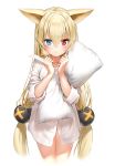 1girl alternate_costume animal_ears blonde_hair blue_eyes blush cat_ears commentary g41_(girls_frontline) girls_frontline hair_between_eyes heterochromia highres holding holding_pillow long_hair looking_at_viewer low-tied_long_hair low_twintails marmoset_(marmoset0) pajamas pillow red_eyes simple_background solo twintails very_long_hair 