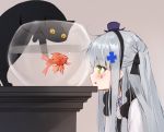  aliasing animal ankkoyom anthropomorphism blush bow cat cropped fish girls_frontline goth-loli gray_hair green_eyes hat headband hk416_(girls_frontline) lolita_fashion long_hair tattoo water 