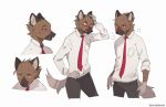  absurd_res aggressive_retsuko anthro blush brown_fur clothed clothing fully_clothed fur gloves_(marking) haida hand_on_head hi_res hyaenid male mammal markings multiple_poses necktie notglacier pose sanrio signature simple_background smile solo spotted_hyena white_background 