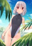  1girl :&lt; adyisu altair_floone bangs bare_arms bare_shoulders black_swimsuit blue_sky blurry blurry_foreground blush breasts closed_mouth cloud cloudy_sky commentary_request competition_swimsuit covered_navel day depth_of_field eyebrows_visible_through_hair grey_hair groin hair_between_eyes highleg highleg_swimsuit looking_at_viewer medium_breasts one-piece_swimsuit original outdoors red_eyes sidelocks sky solo standing swimsuit twitter_username 