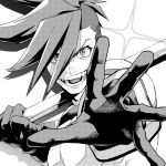  1boy black_gloves fangs galo_thymos gloves highres looking_at_viewer male_focus monochrome open_mouth outstretched_hand promare sano-dou shirtless smile spiked_hair teeth 