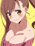  1girl absurdres blush breasts brown_hair cleavage gakkou_gurashi! heart heart-shaped_pupils highres large_breasts long_hair looking_at_viewer mole mole_under_eye sinakyo smile sweater symbol-shaped_pupils wakasa_yuuri yellow_eyes 