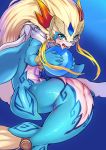  absurd_res ambiguous_gender animal_genitalia blue_background blush bodily_fluids bracelet canid canine cetacean claws genital_slit hair hi_res hybrid jewelry long_hair mammal marine merfolk muscular open_mouth scarf shaorune simple_background slit solo sweat tales_of_rebirth tamanosuke teal_eyes video_games 