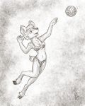  2019 4:5 action_pose anthro ball bikini breasts bulge cervid cleavage clothed clothing flinters fur gynomorph hair hi_res hooves intersex mammal open_mouth pose solo sport swimwear volleyball volleyball_(ball) 