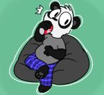  2019 anthro belly beverage clothing cub digital_media_(artwork) fan_character fur giant_panda hair male mammal overweight overweight_male pajamas pokefound simple_background sitting soda solo ursid young 