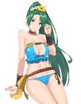  1girl bare_shoulders bikini blue_bikini breasts brown_choker center_opening choker earrings fire_emblem flower green_eyes green_hair hair_flower hair_ornament highres invisible_chair j@ck jewelry large_breasts long_hair looking_at_viewer lyn_(fire_emblem) navel ponytail rope sash shimenawa simple_background sitting smile solo strapless strapless_bikini swimsuit very_long_hair white_background 