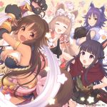  4girls aki_makoto animal_ears bare_shoulders black_gloves black_hair book brown_hair closed_eyes crop_top cygames dog_ears dog_girl dog_tail fur-trimmed_sleeves fur_trim gauntlets gloves highres himemiya_maho kirihara_kasumi kyan_kaori long_hair multiple_girls official_art orange_eyes paws pointing princess_connect! princess_connect!_re:dive purple_eyes purple_hair skirt tail very_long_hair wolf_ears wolf_girl yellow_eyes 