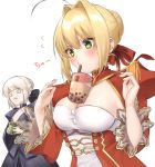  2girls artoria_pendragon_(all) bangs black_bow black_dress blonde_hair bow braid breasts brown_hair bubble_tea bubble_tea_challenge cup disposable_cup dress drinking drinking_straw epaulettes eyebrows_visible_through_hair fate/extra fate/stay_night fate_(series) flying_sweatdrops green_eyes hair_between_eyes hair_bow hair_bun hair_intakes hands_up highres juliet_sleeves large_breasts long_sleeves multiple_girls nero_claudius_(fate) nero_claudius_(fate)_(all) object_on_breast puffy_sleeves red_bow red_dress saber_alter sidelocks simple_background translation_request white_background wide_sleeves yayoimaka03 