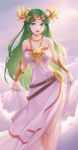  1girl absurdres awan0918 bare_shoulders blush breasts cloud dress green_eyes green_hair highres jewelry kid_icarus large_breasts long_hair looking_at_viewer necklace open_mouth palutena single_thighhigh sky smile solo super_smash_bros. thighhighs tiara very_long_hair 