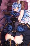  1girl animal_ears bare_shoulders belt black_gloves blue_hair blue_skirt blush breasts brown_eyes bunny_ears earrings erune ferry_(granblue_fantasy) gloves granblue_fantasy jewelry long_hair looking_at_viewer loose_belt medium_breasts sessue sideboob simple_background skirt solo thighhighs wavy_hair yellow_eyes 