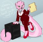  binturong bracelet clothing colored_nails crownedvictory dialogue female file file_cabinet footwear fur green_eyes high_heels jewelry mammal nails necklace pantsuit piercing pink_fur shoes simple_background tagme viverrid 
