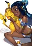  1girl absurdres aqua_hair armlet bare_legs bare_shoulders belly_chain blue_eyes blue_hair blush bun_cover cheek-to-cheek closed_eyes commentary dappled_sunlight dark_skin ear_clip earrings eyeshadow gen_1_pokemon gym_leader hair_bun hand_on_another&#039;s_cheek hand_on_another&#039;s_face hand_on_another&#039;s_head highres hoop_earrings jewelry long_hair looking_at_another makeup multicolored_hair navel one_eye_closed open_mouth pendant pikachu pokemon pokemon_(creature) pokemon_(game) pokemon_swsh rurina_(pokemon) shade sidelocks sitting smile sportswear stomach sunlight swimsuit tabobox tankini tree_shade triangle_mouth two-tone_hair upper_teeth 