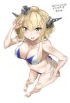  1girl 2019 bikini blonde_hair blush breasts character_request cleavage commentary dated green_eyes kantai_collection large_breasts long_hair parted_lips salute short_hair solo swimsuit tororo_ten white_background 