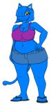  2019 4_toes :3 anthro bangs belly belly_overhang big_breasts biped black_eyes blue_hair bottomwear breasts cleavage clothed clothing crop_top deep_navel digital_media_(artwork) domestic_cat eyebrows eyeshadow felid feline felis female fingers footwear front_view hair hair_over_eyes hand_on_hip hi_res looking_at_viewer makeup mammal merick midriff milki navel noseless sandals shirt shorts simple_background slightly_chubby smile solo tank_top thick_thighs toes topwear voluptuous white_background wide_hips 