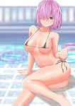  1girl absurdres bangs bare_arms bare_legs bare_shoulders barefoot bikini black_bikini blurry blurry_background blush collarbone commentary_request eyebrows_visible_through_hair fate/grand_order fate_(series) foot_out_of_frame hair_over_one_eye highres innertube looking_at_viewer lying mash_kyrielight nipples on_side outdoors pink_hair purple_eyes short_hair side-tie_bikini sitting smile solo string_bikini sunlon swimsuit water 