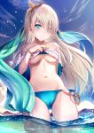  1girl anastasia_(fate/grand_order) bangs bead_bracelet beads bikini bikini_lift blue_bikini blue_eyes blue_sky blush bracelet breasts cameltoe choker closed_mouth cloud commentary_request day eyebrows_visible_through_hair eyes_visible_through_hair fate/grand_order fate_(series) gold groin hair_between_eyes hair_over_one_eye hairband highres jewelry lifted_by_self long_hair looking_at_viewer medium_breasts navel outdoors revision silver_hair sky smile solo sparkle stomach swimsuit thighs very_long_hair wading water wet yan_(nicknikg) 