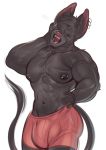  2019 5_fingers abs anthro big_bulge black_nipples bodily_fluids bulge canid canine canis clothing ear_piercing ear_ring eyes_closed fingers fur grey_fur grey_hair hair hand_on_hip hi_res koshak male mammal muscular muscular_male navel navel_piercing nipple_piercing nipples open_mouth pecs piercing pink_nose solo tears underwear waffle_(character) wolf yawn 