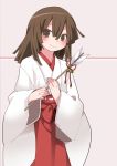  1girl arrow brown_eyes brown_hair closed_mouth hair_between_eyes hakama hammer_(sunset_beach) japanese_clothes kimono long_hair miko monogatari_(series) red_hakama sengoku_nadeko smile solo white_kimono 