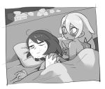  2girls after_sex bags_under_eyes bed blush chillarism dark_skin female_protagonist_(pokemon_swsh) monochrome multiple_girls pillow pokemon pokemon_(game) pokemon_swsh saitou_(pokemon) short_hair sweat tissue_box under_covers used_tissue yuri 